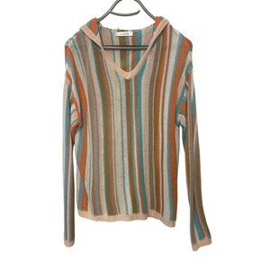 Striped Knit Hooded Sweater V-Neck Long Sleeve By Magnolia Boutique M Boho Beach